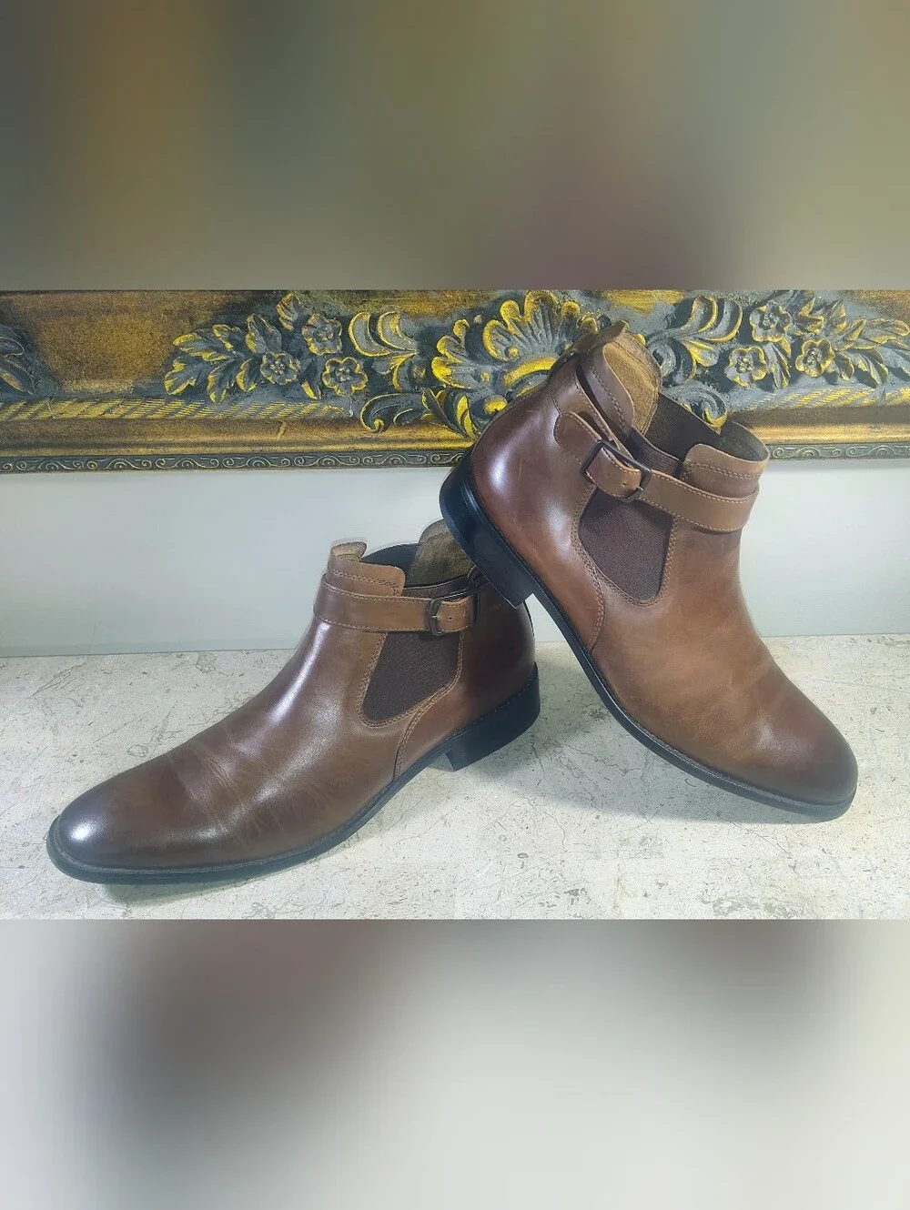 Kenneth Cole Brown Leather Roy Chelsea Boots with Side Buckle